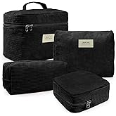 LVWNM 4 Pcs Makeup Bag for Women Corduroy Cosmetic Bag Aesthetic Cute Bags Multi Size Purse Pouch Travel Toiletry Bag Set Makeup Organizer with Zipper(Black)