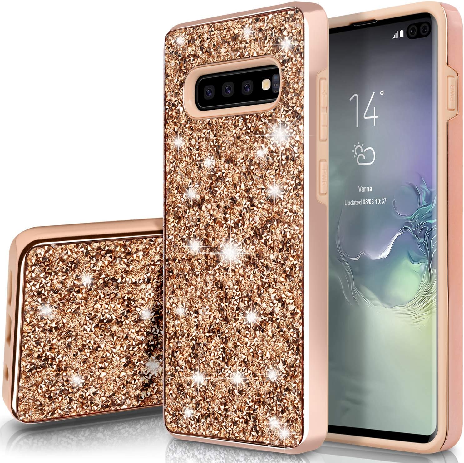 SQMCase Galaxy S10 Case, Heavy Duty Glitter 2 in 1 Rugged Hybrid Soft TPU Inner + Hard PC Outer with Crystal Shiny Diamond Protective Shockproof Case for Galaxy S10, Shiny/Champagne Gold