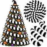 33ft Plush Sandworm Tree Ornament Garland, Black White Striped Garland | Spooky Halloween Sand Worm Tree Decoration for Gothic Party Fireplace Stair Holiday Decor, Striped Faux Fur Ribbon Trees Wrap