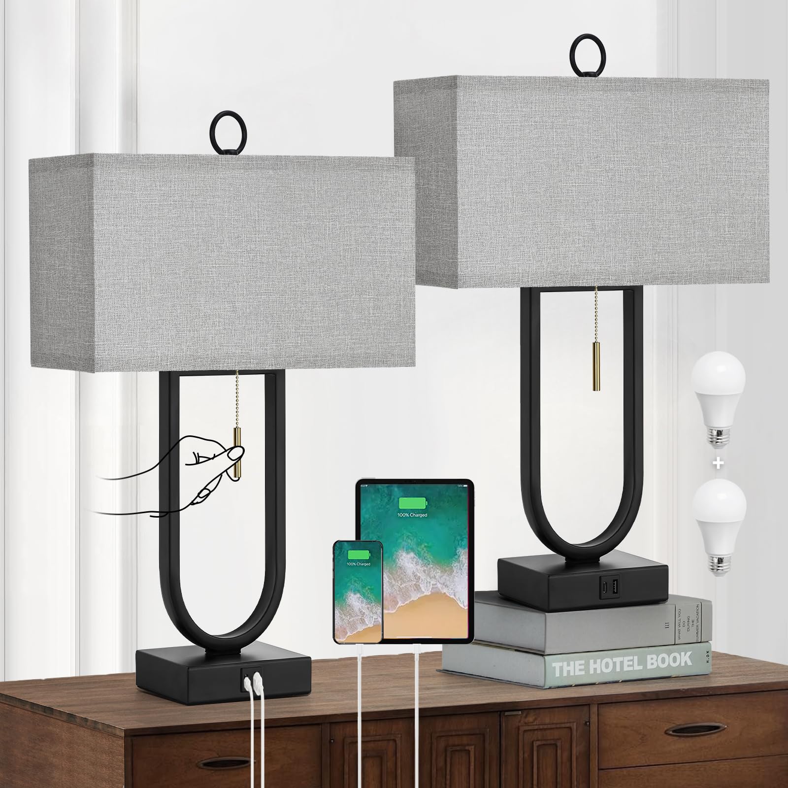 thumbnail image 2 of Dott Arts Table Lamp For Bedroom Set Of 2, USB Bedside Lamp With AC Outlets Nightstand Lamp 2 of 12
