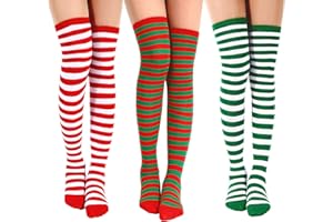 Frienda 3 Pairs Christmas Women Striped over Knee High Socks Long Xmas Elf Tight High Stocking Green White Stripe Socks for Christmas Women Costume