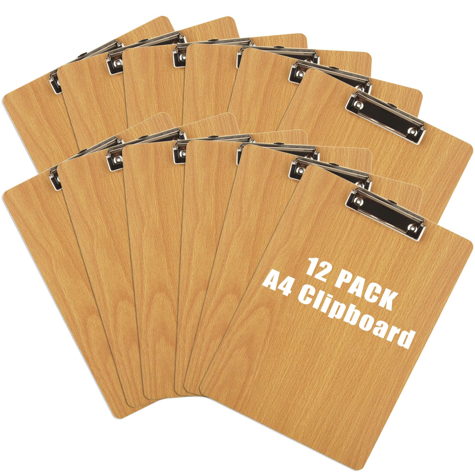 MUXHEL 12 Wooden Clipboards A4, 4mm Thick with Clip & Hidden Hanging Hole, Durable Clipboards for Office & School