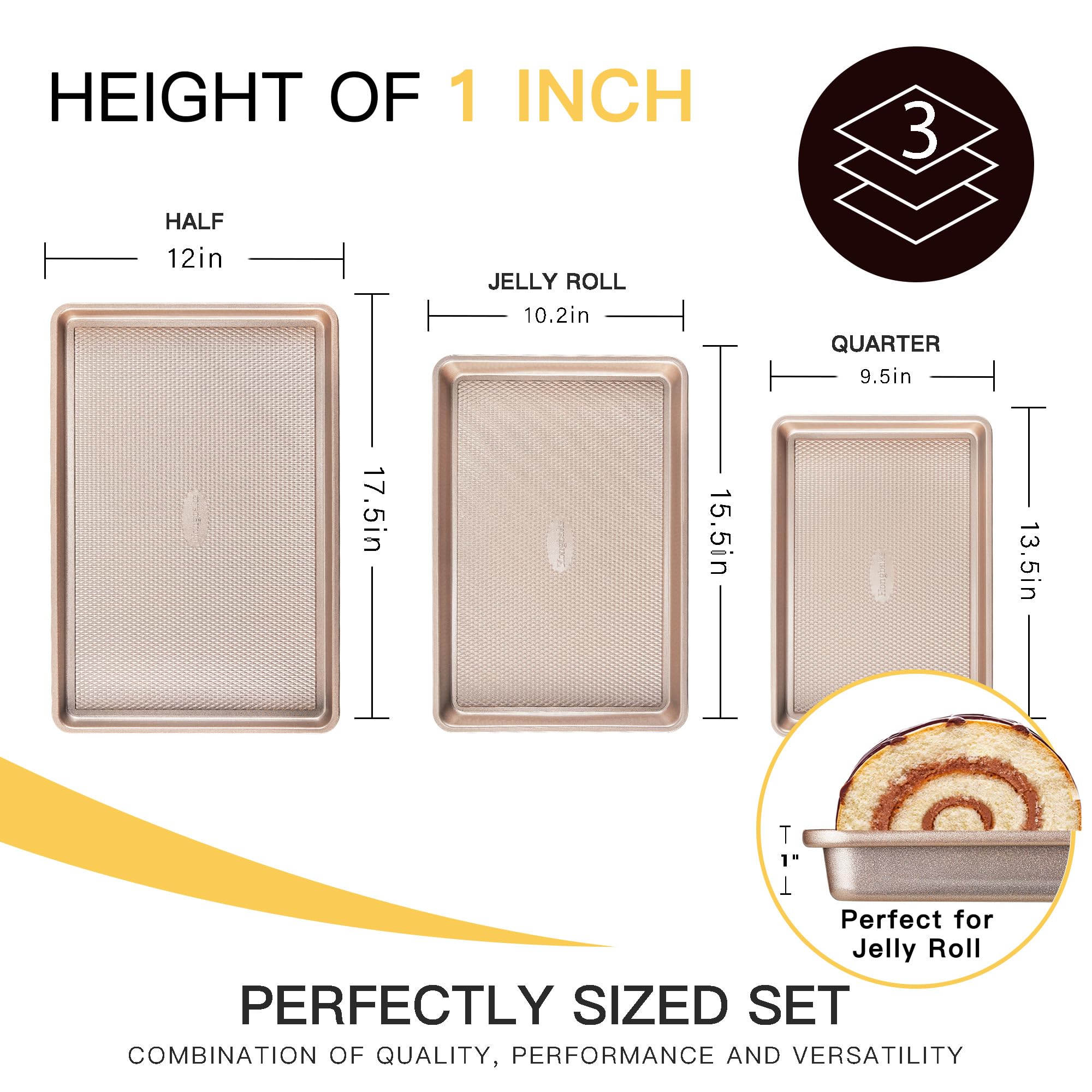 HONGBAKE Baking Sheet Pan Set of 3, Cookie Sheets for Oven, Nonstick Half/Quarter/Jelly Roll Pans with Diamond Texture Pattern, 0.8mm Thick Heavy Duty Cookie Tray, Champagne Gold