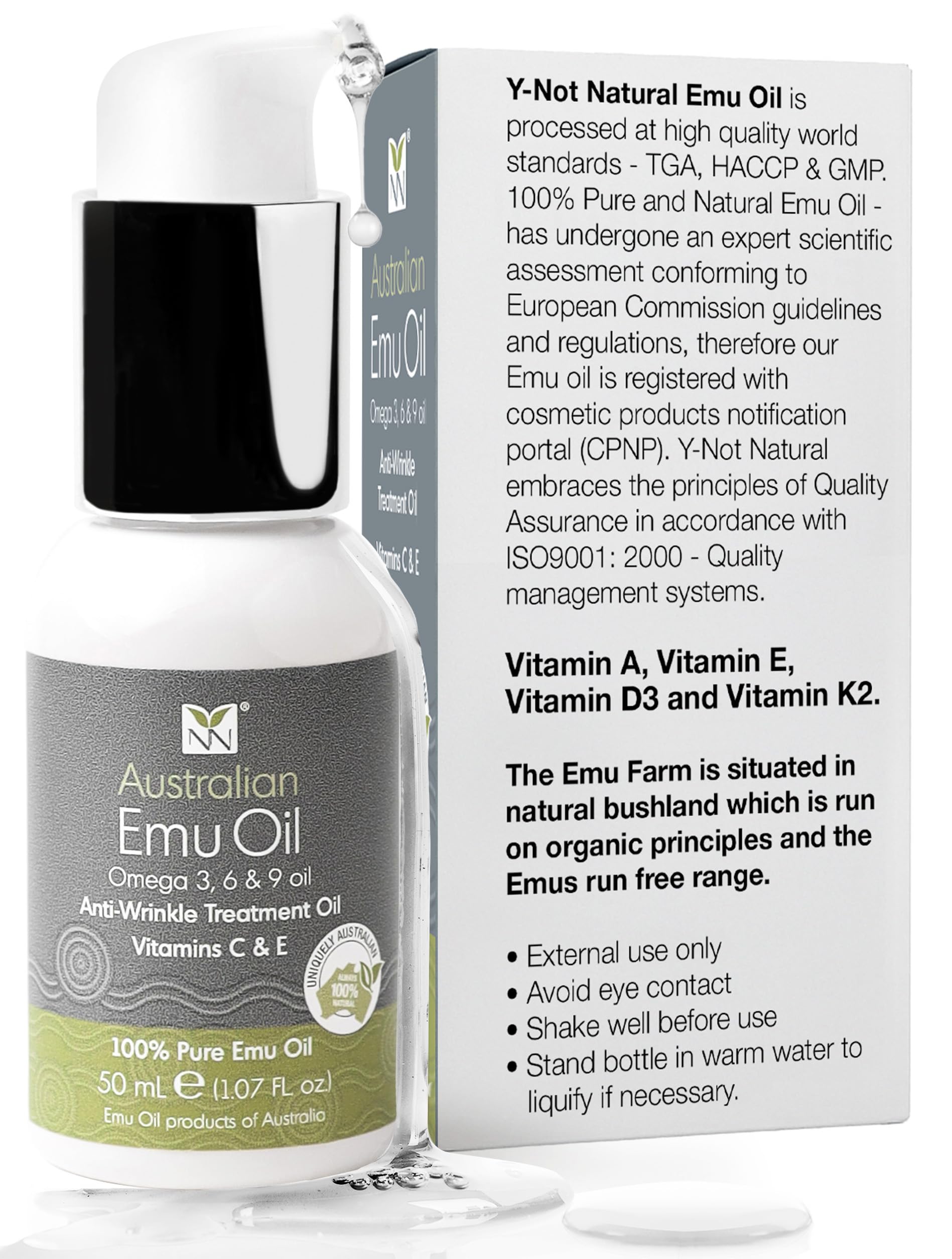 Y Not Natural Australian Emu Oil, Vitamin C Serum & Vitamin E Oil - 50mL Face Serum Skin Brightener for Face & Body, Anti-Aging Face Oil, Wrinkle Cream for Women, Omega 3-6-9