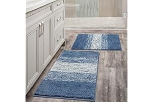 Vaukki Luxury Soft Bathroom Rugs Set of 2, Non Slip Washable Plush Bath Floor Mats, Microfiber Shaggy Absorbent Striped Bath Carpet for Tub, Bathroom and Shower (18''x26''+20''x32'', Blue)