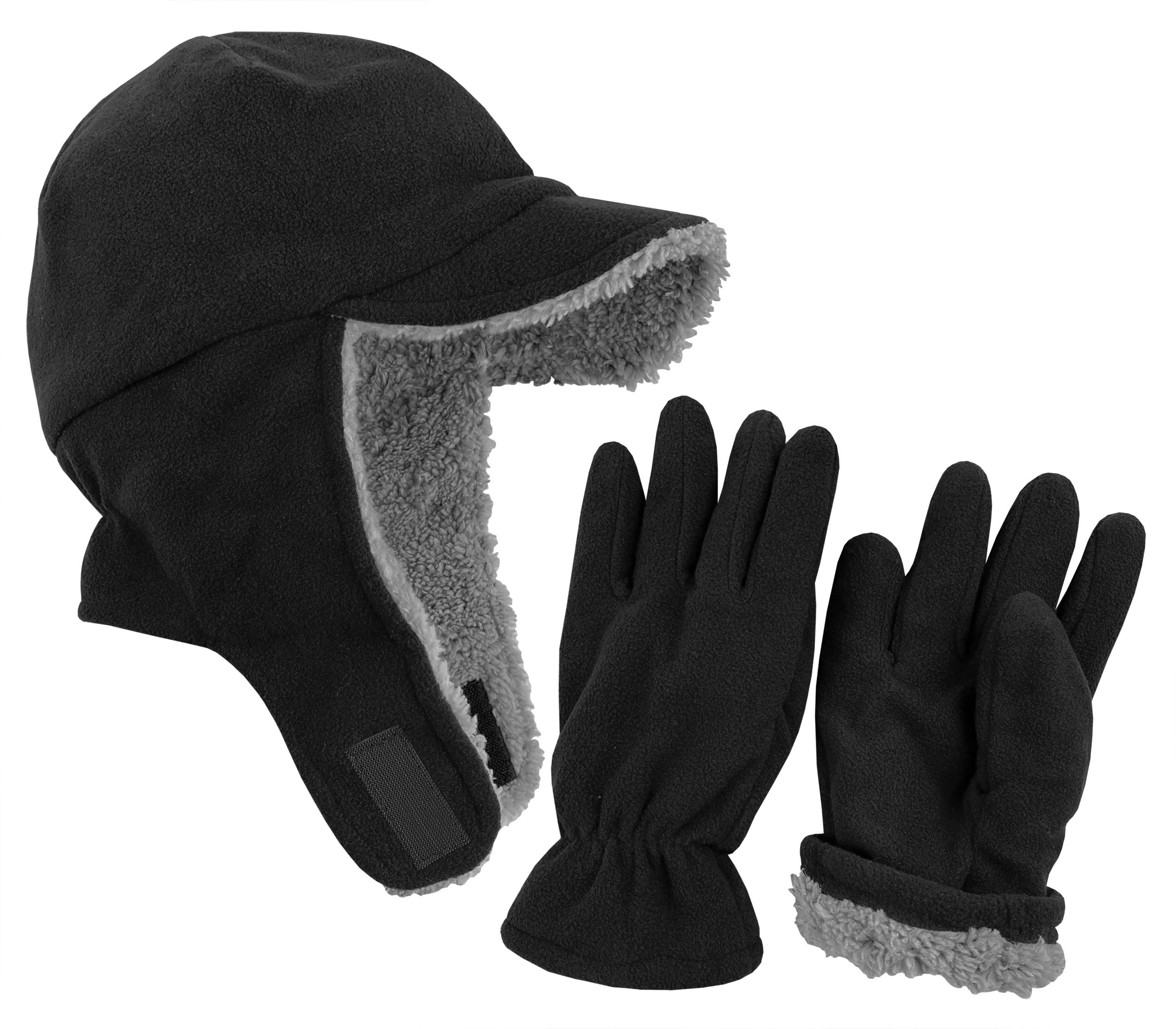 Photo 1 of N'Ice Caps Boys Kids Hat Gloves Winter Set Fleece Brim Warm Sherpa Lined (Black, 8-12 Years)