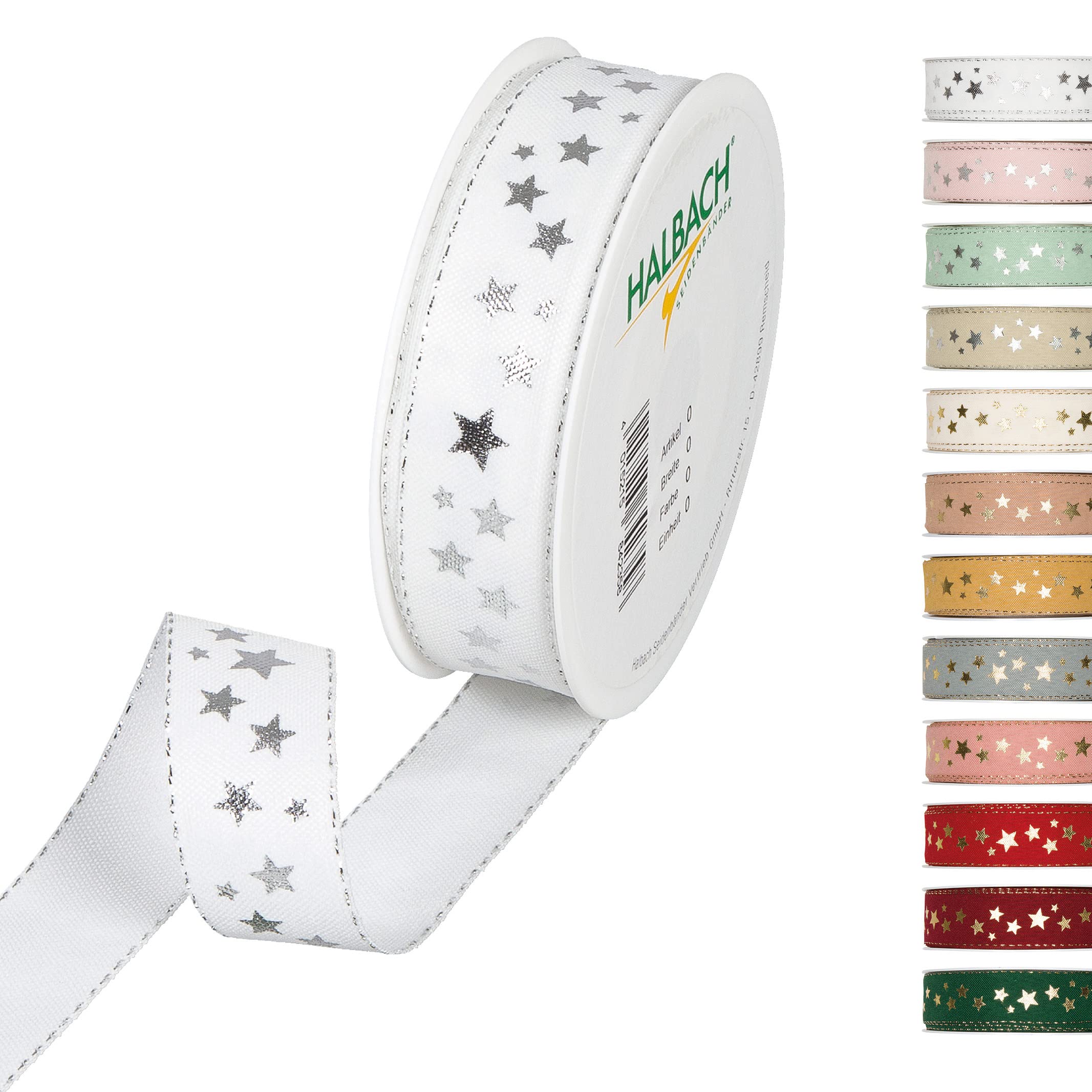 Halbach Seidenbänder Christmas Ribbon 25 mm x 18 m Gift Ribbon for Christmas Gift Wrapping, Ribbon with Stars Printed in Silver and Lurex Edges, Colour: White
