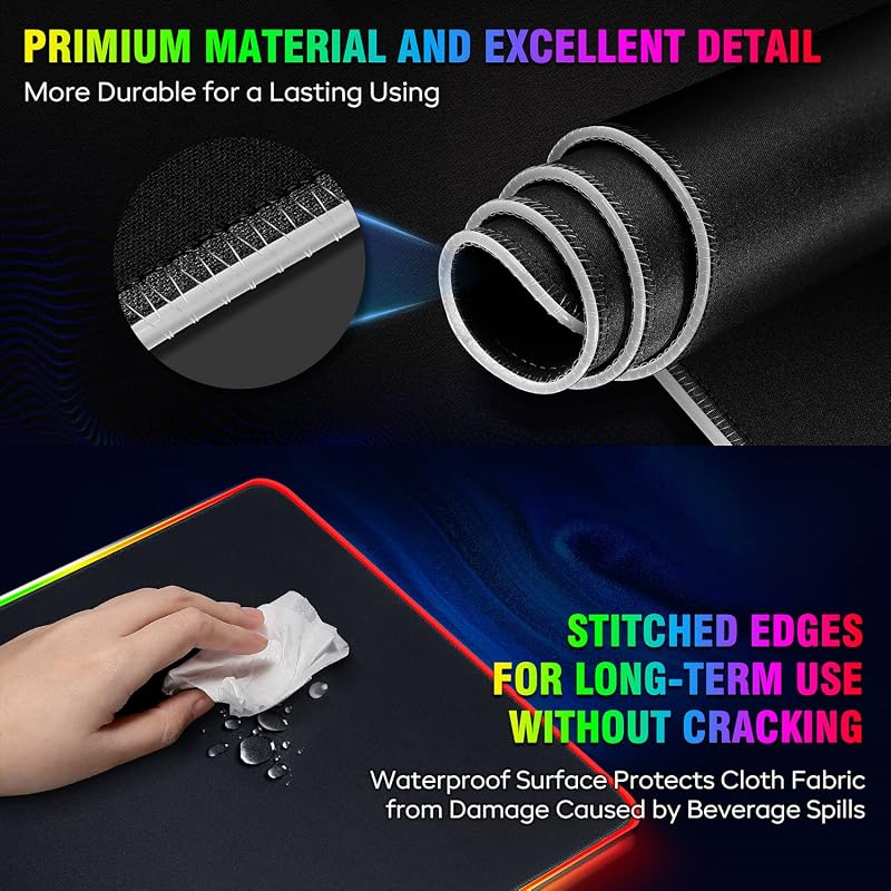 Gaming Mauspad, 12 LED Beleuchtungsmodi RGB Mousepad XXL, 800x300x5mm, Groß Desk Mat Gaming Zubehör mit wasserdichte Oberfläche, 5mm Rutschfester Gummifuß für PC Tastatur