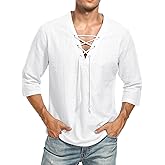 LecGee Men's Casual Cotton Linen Shirt Short Sleeve V Neck Lace Up Hippie Beach Tee Shirts Yoga Summer Top