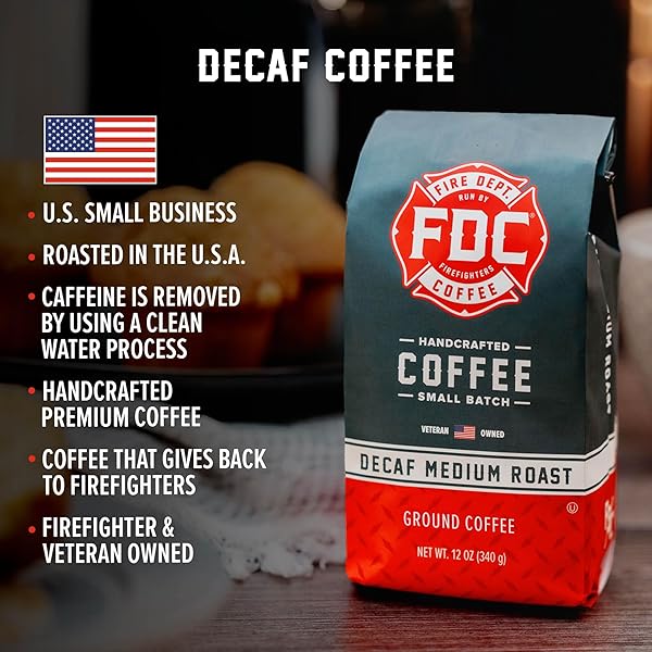 FIRE DEPARTMENT COFFEE – GIVES BACK TO FIREFIGHTERS – PREMIUM DECAF GROUND COFFEE – ROASTED IN THE USA – DECAFFEINATED USING NATURAL MOUNTAIN WATER – VETERAN OWNED – 12 OZ