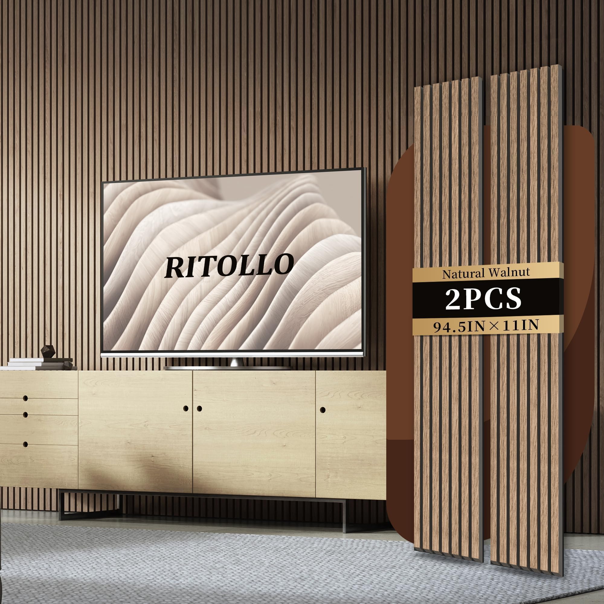 Photo 1 of **MISSING A PART***RITOLLO Wood Slat Panels for Wall 2-Piece 94.5"×11" Acoustic Panels for Interior Wall Decor 3D Fluted Sound Absorbing Panel - Natural Walnut