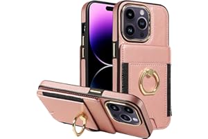 S. Tedazo Compatible with iPhone 14 Pro Wallet Case with Credit Card Holder and 360° Rotation Ring Stand, RFID Block Flip Leather Shockproof Cover(6.1 inch,Rose Gold)