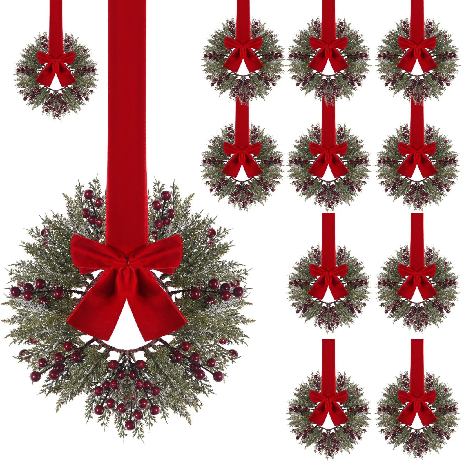 View 1 of 12 Pcs Christmas Kitchen Cabinet Wreaths with Red Berries and Ribbon 13'' Small Christmas Wreath Decorations with Farmhouse Decoration Artificial Hanging Garlands for Front Door Window Wall