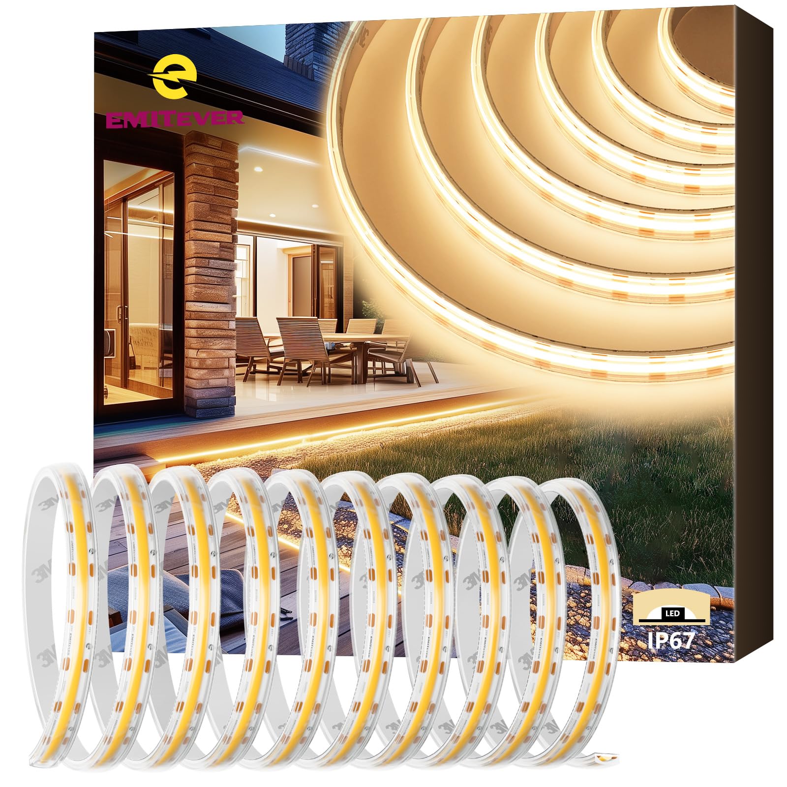 Photo 1 of EMITEVER COB LED Strip Lights Waterproof IP67, 3000K Warm White Outdoor 24V Dimmable Silicone LED Tape Lighting 16.4ft High Density, 300+LM/ft, 2400LEDs,3W/ft, UL Listed (Power Supply Not Included)