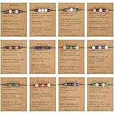 Huquary 12 Set Natural Crystal Healing Bracelets Bulk Round Stone Beaded Bracelet Beginnings Good Luck Bead Stones Anxiety Relief Gift for Couple Women Men Coworker with Card and Organza Bag