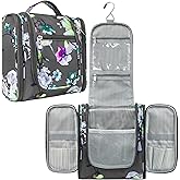 PAVILIA Toiletry Bag Travel Bag for Women Men, Hanging Cosmetic Organizer, Water Resistant Makeup Bag for Accessories Toiletries, Large Travel Essentials Kit (Floral Grey)