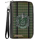 Buckle-Down The Wizarding World of Harry Potter Wallet, Zip Around, Slytherin Crest Stripes Diamonds Greens Black, Vegan Leather