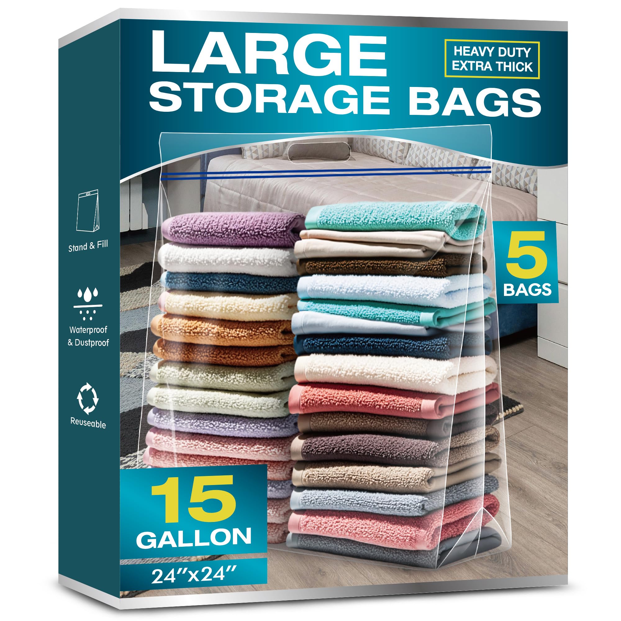 Photo 1 of 15 Gallon Large Storage Bags, 3.5 Mil Thick Clear Plastic Zipper Bags with Handles, 24" x 24" Large Heavy Duty for Home, Travel, and Moving (5 Packs)