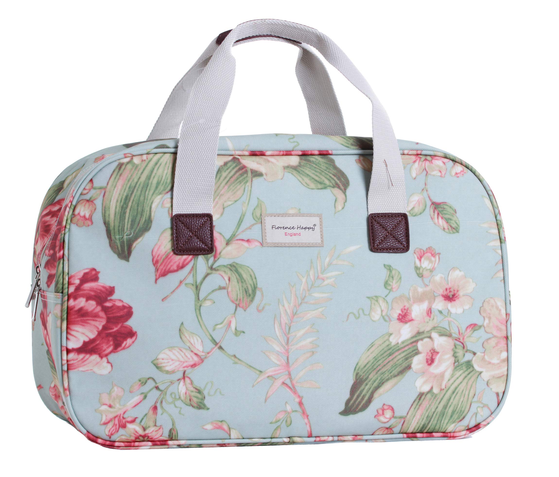 Florence Happy @ England Waterproof Matte Oilcloth Tote Bag, for Beach, Travel, Gym, Shopping, Hospital Stays, Weekend Getaways & Picnics,Durable PVC Coated Canvas, Zip Closure (Azure Blossom)