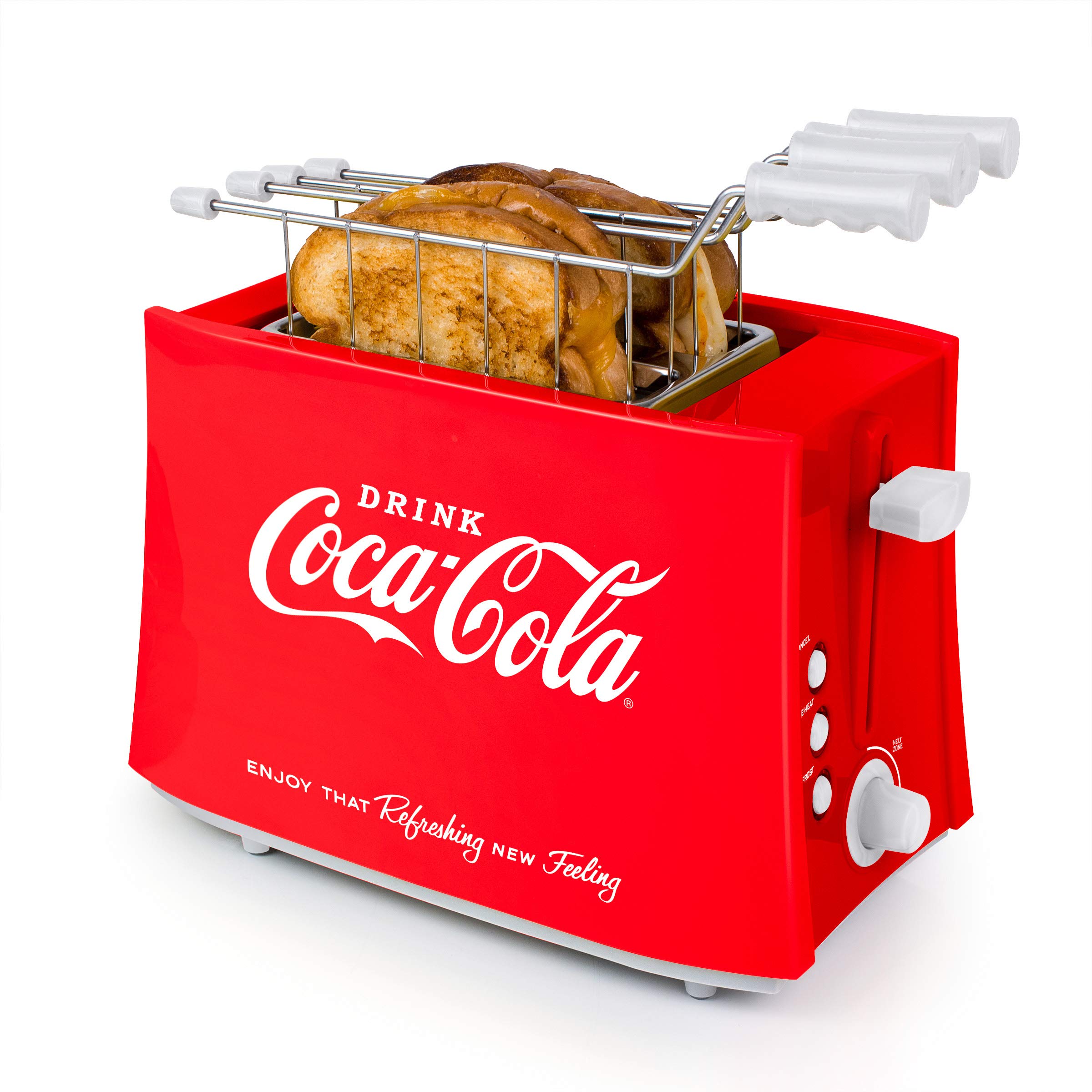 Photo 1 of (used)(incomplete) Nostalgia Coca-Cola Grilled Cheese Toaster with Easy-Clean Toaster Baskets and Adjustable Toasting Dial, Red, 2-Slot