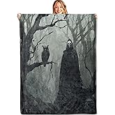 MIEPOS Horror Haunted Forest Gothic Throw Blanket,50x60in,Soft,Lightweight Flannel,Owl and Ghost Black Goth Blankets - Gifts for Adult,for Couch Office Travel,Home Living Room Halloween Decor