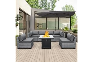 Valita 7 Piece Outdoor PE Wicker Furniture Set, Patio Gray Rattan Sectional Sofa Couch Adjustable Gas Fire Pit Grey Cushions