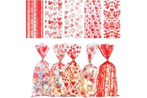 100pcs Valentine Candy Bags, Valentine Treat Bags Gift Bags Heart Design with 100Pcs Twist Ties for Snacks Cookies Packing,Go