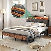 Novilla Queen Size Bed Frame With Headboard, Metal Frame With Lights & Charging, 12 Inches Storage Space, Heavy Duty Steel Slat Support, No Box Spring Needed
