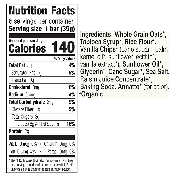 CASCADIAN FARM, BAR GRANOLA VANILLA CHIP ORGANIC 6 COUNT, 7.4 OUNCE