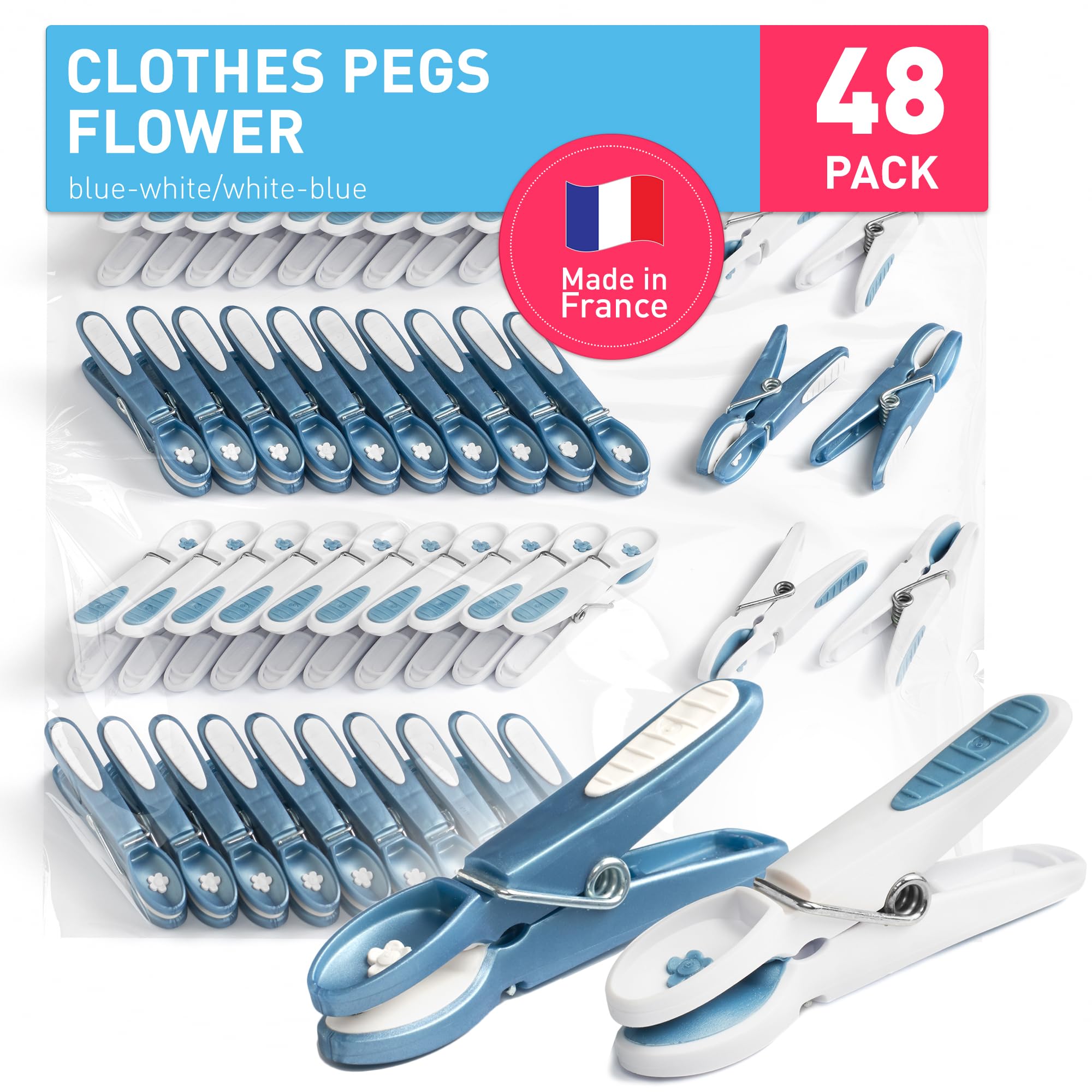 culiclean Clothes Pegs for Washing Line – Strong Soft Grip Washing Pegs "Flower" – Durable Plastic Laundry Pegs for Indoor, Outdoor Use – Heavy Duty Clothes Clips – 48 Pack – blue-white/white-blue