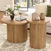 LUXOAK Nesting Coffee Table Set of 2, Mid Century Modern Round Coffee Table, Wood Slat Side Table Set for Living Room, Office