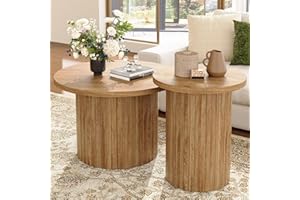 LUXOAK Nesting Coffee Table Set of 2, Mid Century Modern Round Coffee Table, Wood Slat Side Table Set for Living Room, Office, Balcony (Natural Oak)