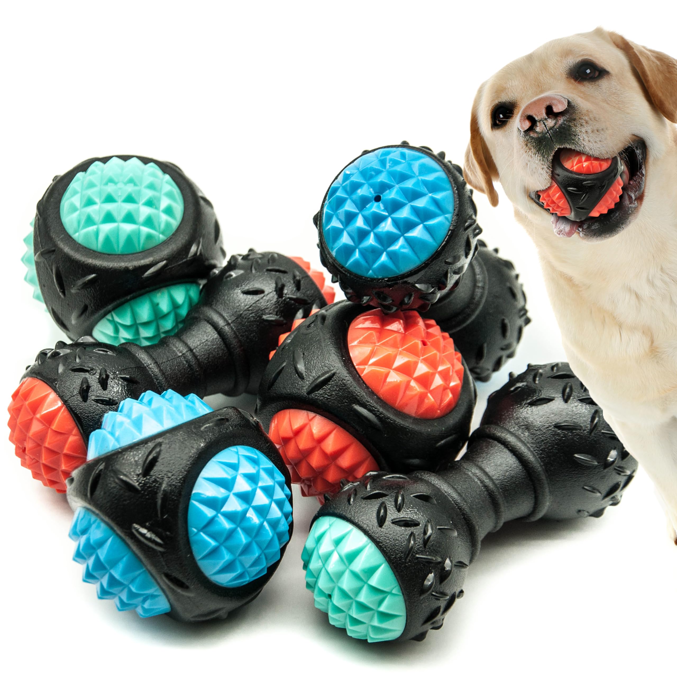 Petopedia 2x Durable Squeaky Dog Toys – BALLS, DUMBBELLS, BONE, RUGBY – Chew Toy for Dogs, Squeak, Spiky, Teething, Interactive, Boredom, Tough (Assorted (Ball/Dumbell))