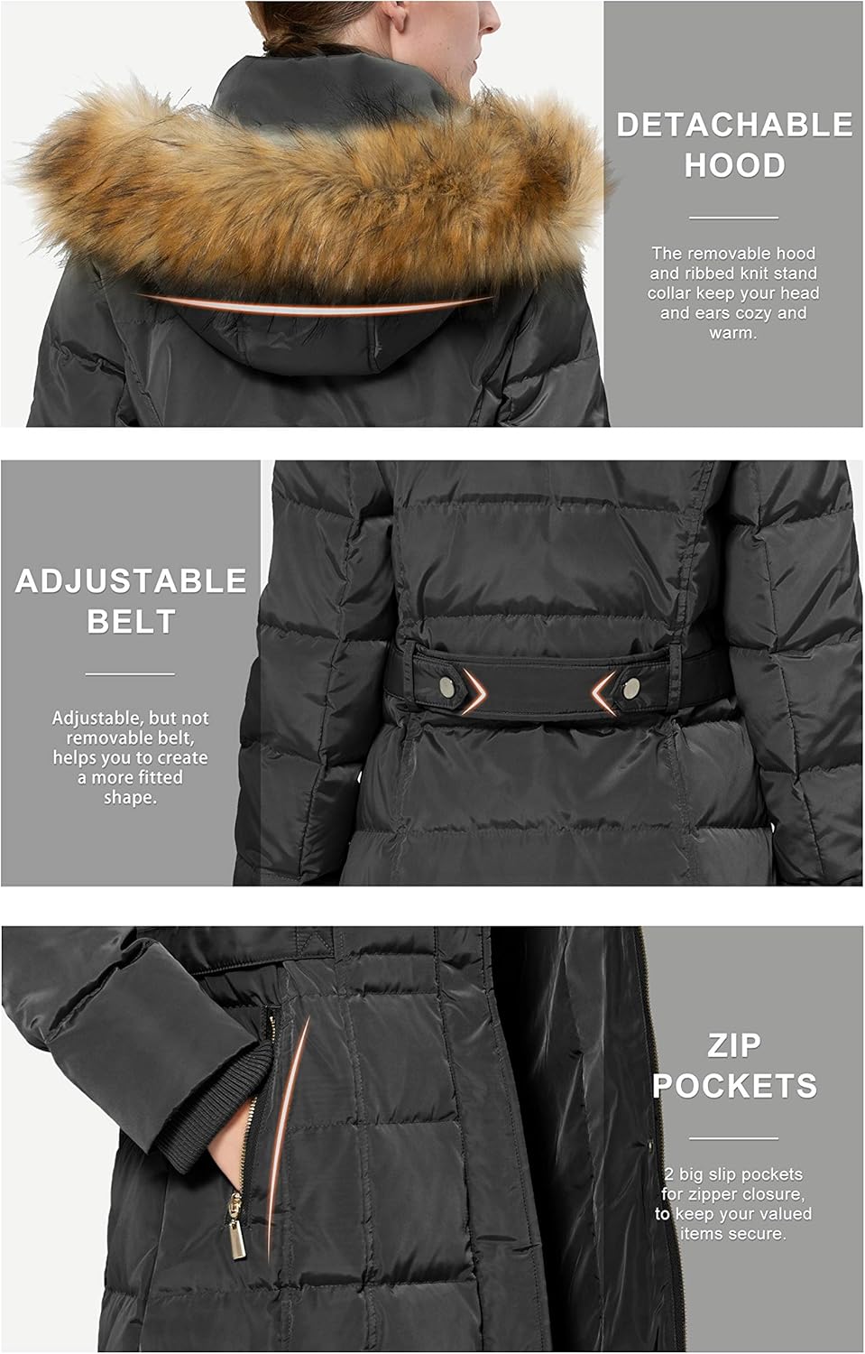Orolay Quilted Down Jacket Women Winter Long Coat Puffer Jacket with Fur Hood: Clothing