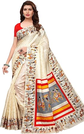 Amazon Com Kanchnar Women S Red And Off White Khadi Silk Printed