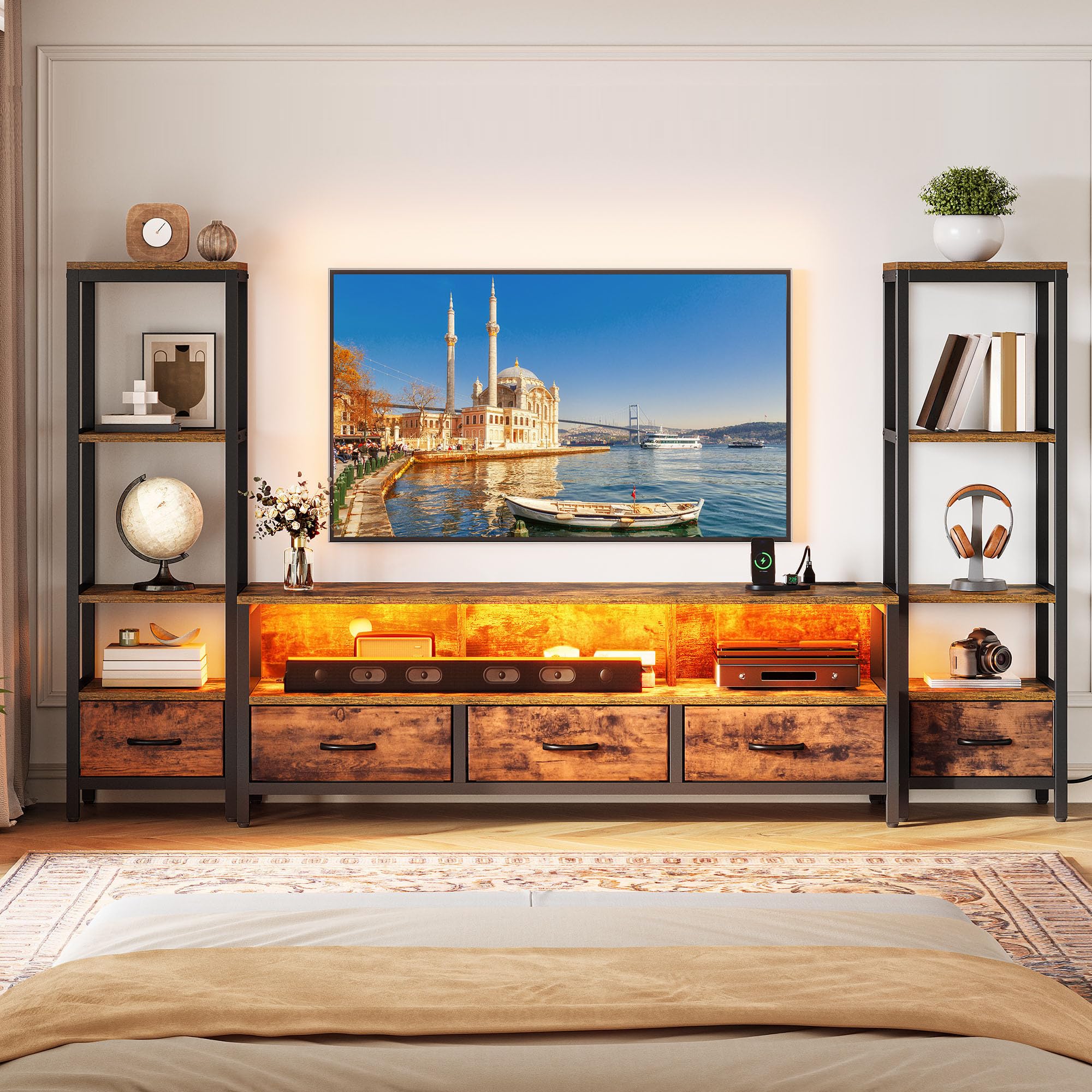 Photo 1 of *** USED / MISSING PARTS / UNTESTED *** YITAHOME TV Stands for 65 inch TV Entertainment Center with 2 Industrial 4-Tier Bookshelves, LED TV Stands for Living Room, Modern Farmhouse TV Console Cabinet with Power Outlets, Rustic Brown