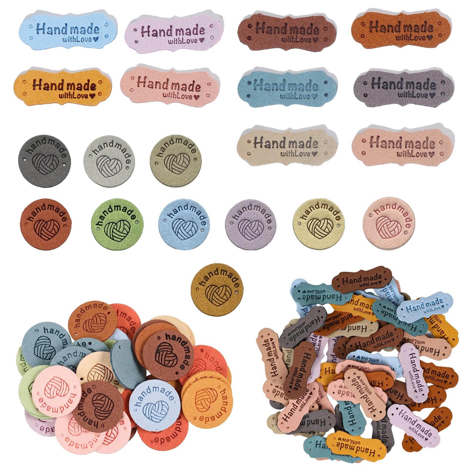 Kytpyi Handmade Labels, 80PCS with Holes, Crafts Embossed Crochet Rectangle & Round Leather Labels for DIY Hat Clothing