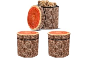 Nodaaiie 3 Pcs Tree Stump Storage Stool, 12 x 12 Inch Fiberboard Ottoman with Foam Cushion, Folding Toy Box and Collapsible Seat Chest for Kids, Classic Design