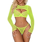 Lilosy Sexy Fishnet Sheer Underwire Rave Outfits Top Bra Panty 3 Piece Lingerie Set