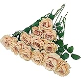 ATFL 12 Pcs Fall Silk Champagne Roses,Flower Diameter 4 '',Artificial Roses with Stems for Wedding Decorations,Flores Artificiales para Decoracion De Sala (Fall Champagne)