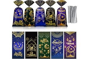 Skyygemm 100 Pcs Eid Mubarak Cellophane Goodie Bags with 150 Silver Twist Ties Ramadan Muslim Gift Bags Festival Moon Star Treat for Snack Candy Islamic Party Al Adha Decorations