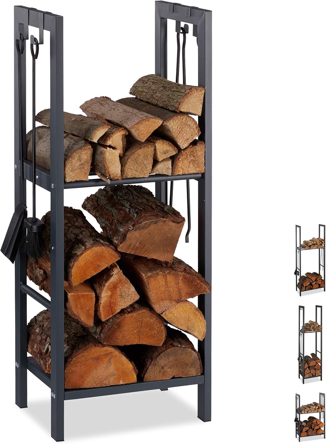 Relaxdays 2Tier Firewood Rack, Steel Wood Pile Shelf, 4 Hooks for