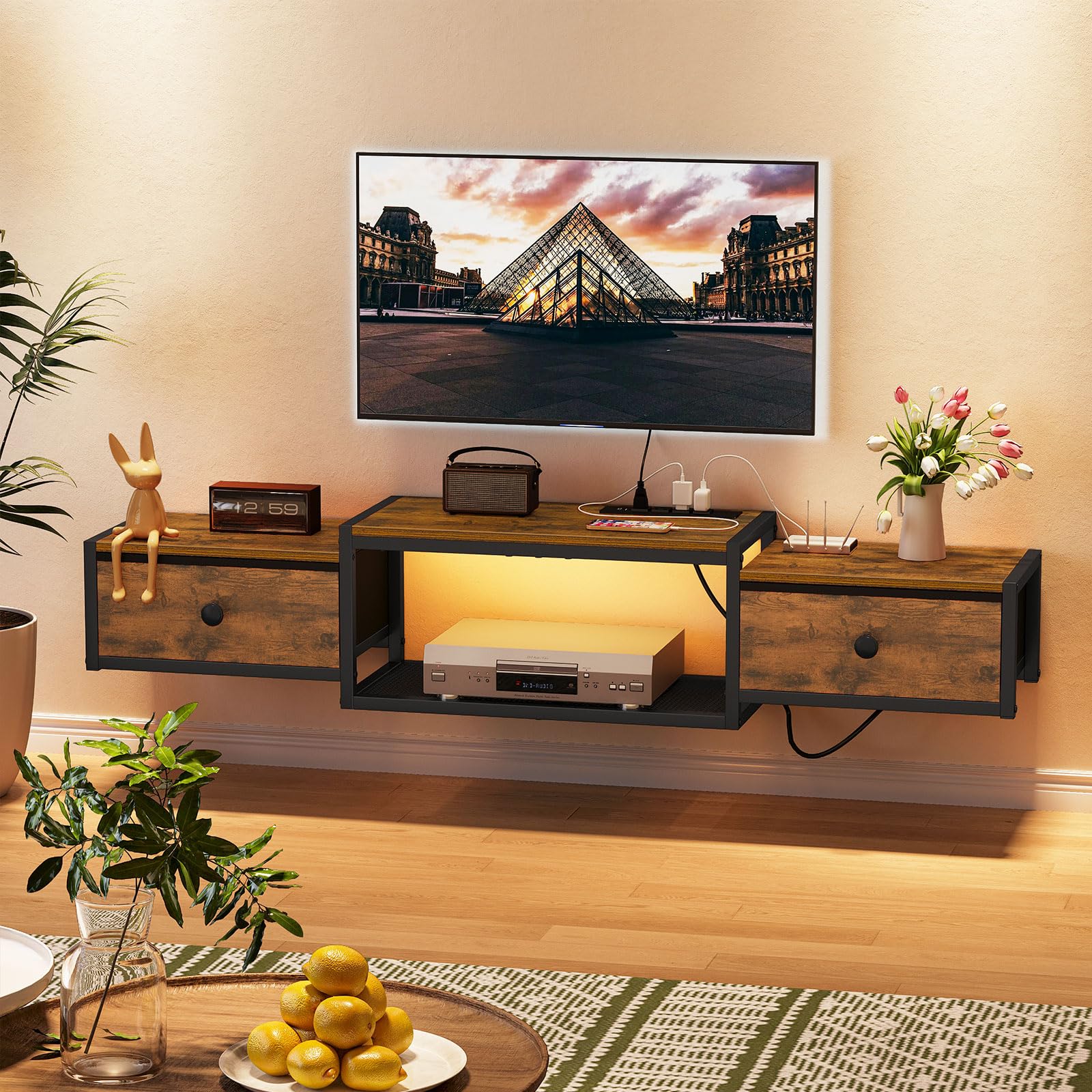 Photo 1 of Snughome Floating TV Stand with Power Outlet 55", Wall Mounted Entertainment Center with LED Lights, Floating TV Shelf with Drawer, Wall Mounted Media Console Shelf for Living Room, Bedroom