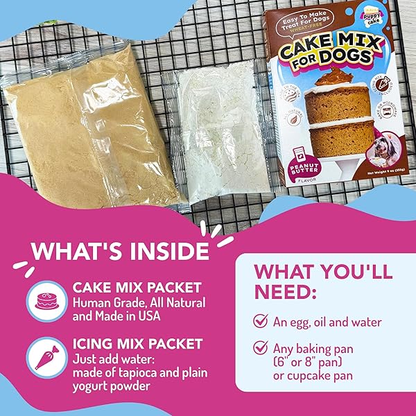 PUPPY CAKE PEANUT BUTTER DOG BIRTHDAY CAKE MIX WITH ICING – WHEAT-FREE, EASY TO BAKE/MICROWAVE – NATURAL INGREDIENTS – MADE IN THE USA