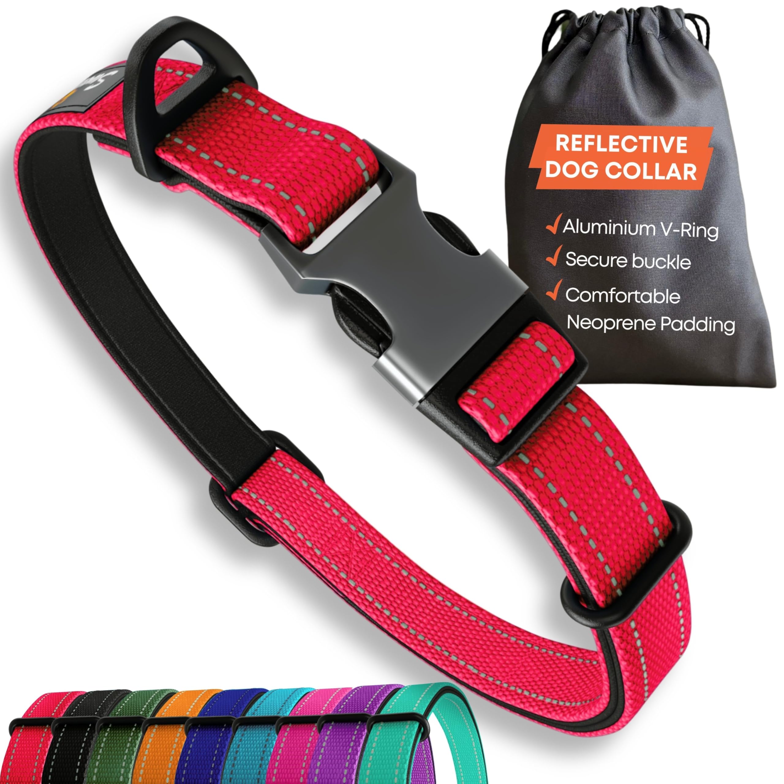 Strong Dog Collar Large Dogs – Red Reflective Adjustable Padded Dogs Collars - Aluminium V-ring Dog Safety