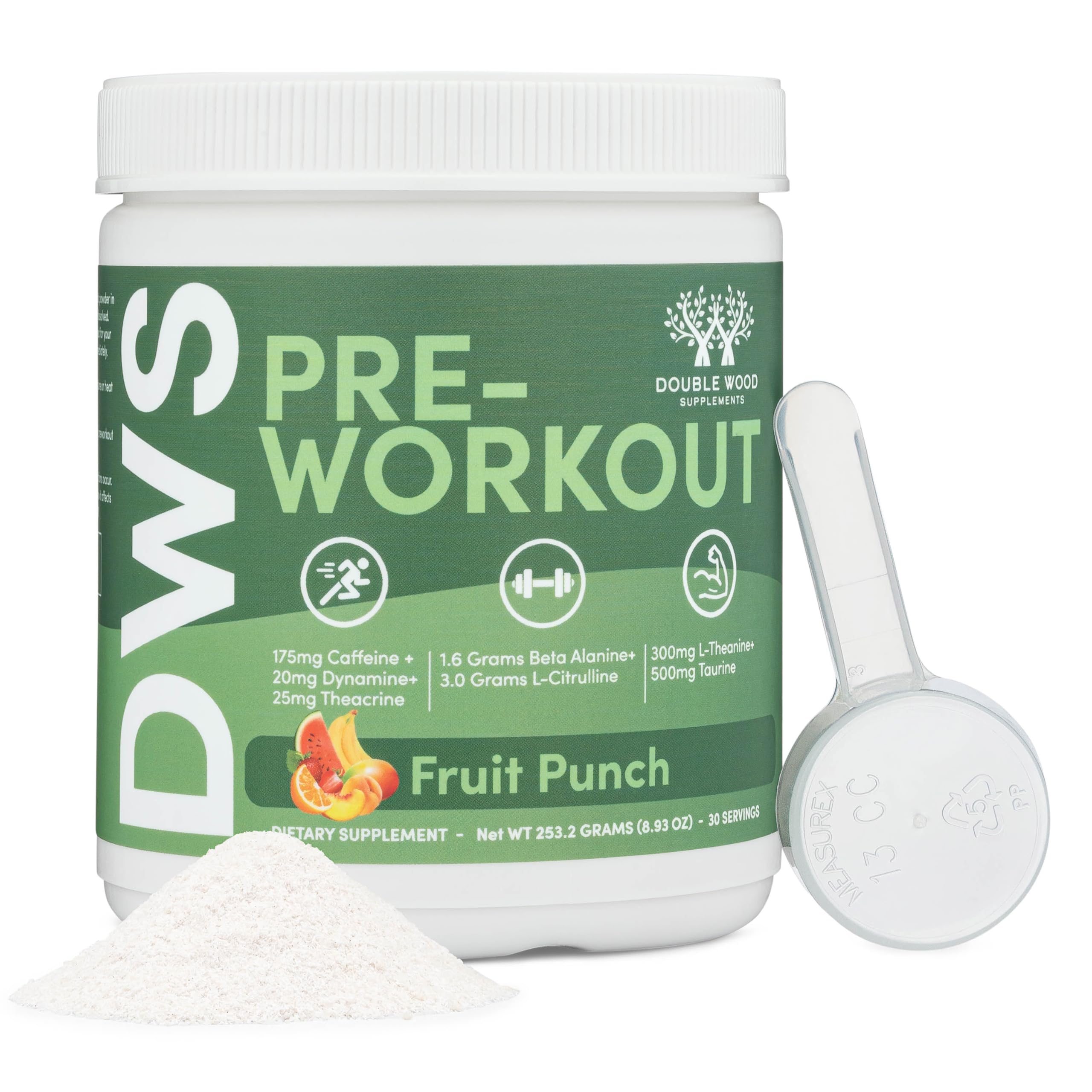 Pre Workout Powder for Men & Women (30 Servings of Caffeine, Beta Alanine, L-Citrulline, Dynamine, L-Theanine, Taurine, Theacrine, & More) Preworkout Powder with Scoop by Double Wood (Fruit Punch)