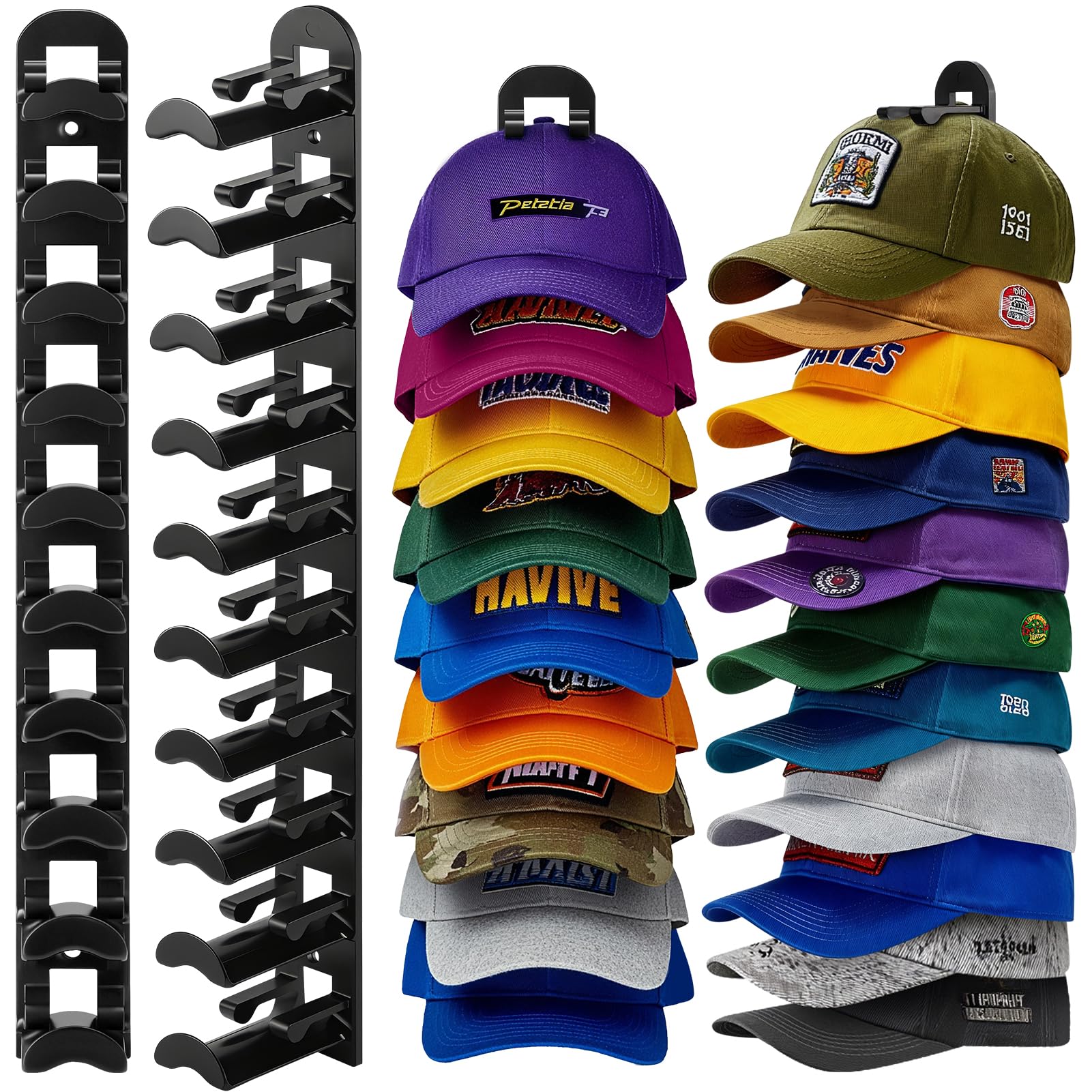 Photo 1 of 2 Pack Hat Organizer for Baseball Caps, Hat Rack for Wall Hold Up to 20 Hats, Hat Holder with Strong Adhesive and Screws, Hat Organizer Wall Mounted Hat Hanger Display for Door Closet Bedroom(B-Black)