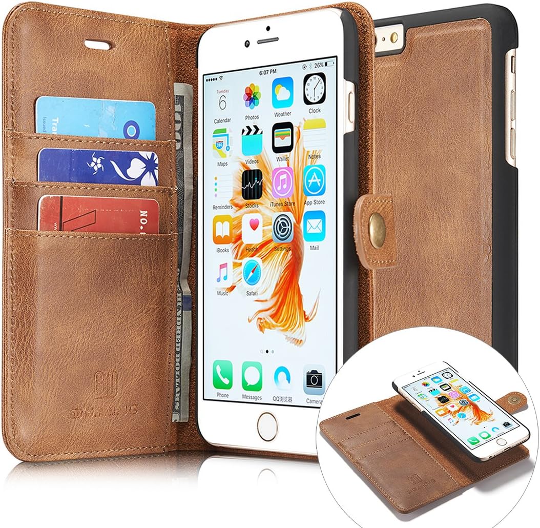 iPhone 6/6s Plus Case,Magnetic Detachable Wallet Case, [Genuine Leather][3 Card Slots][Business Style] Tripky Removable Vintage Wallet Case Cover with Card Holder for iPhone 6/6s Plus (Brown)