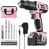 WORKPRO Pink Cordless 20V Lithium-ion Drill Driver Set, 1 Battery, Charger and Storage Bag Included - Pink Ribbon