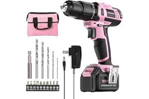 WORKPRO Pink Cordless 20V Lithium-ion Drill Driver Set, 1 Battery, Charger and Storage Bag Included - Pink Ribbon